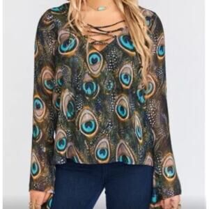 Show Me Your Mumu Blouse Large Sheer Peacock Lace Up  Flounce Bell Sleeves